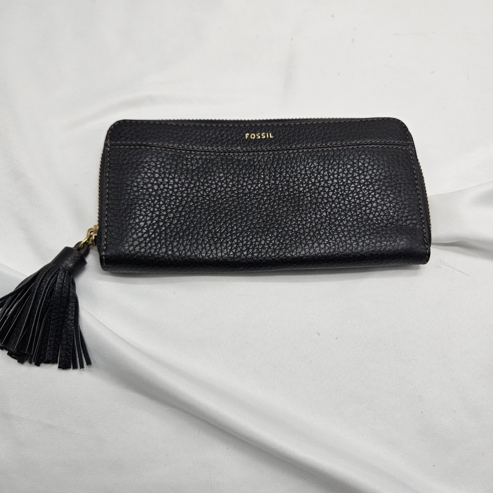 Fossil Black Leather Tassel Tara Wallet Zip Around‎ Cowhide Bag Purse